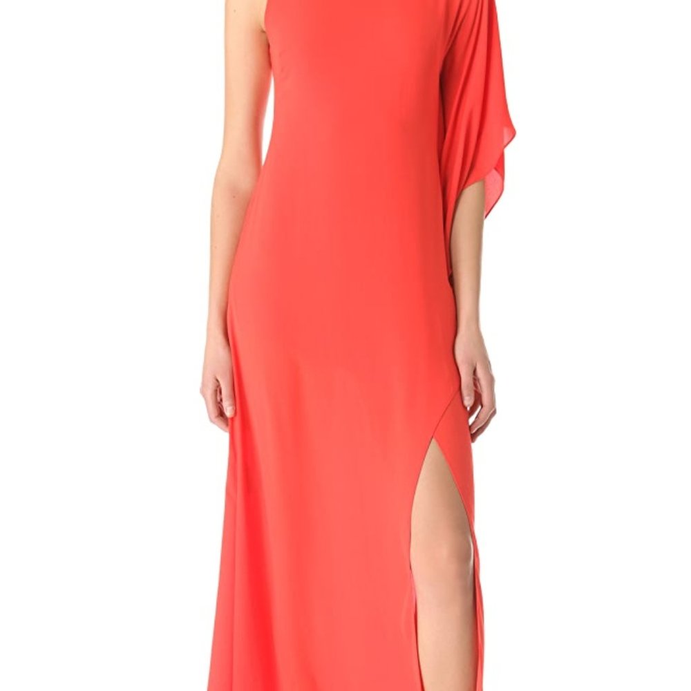 BCBG long gown with one long flutter sleeve